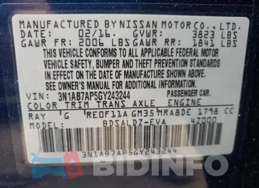 3N1AB7AP5GY243244 Photo# 10