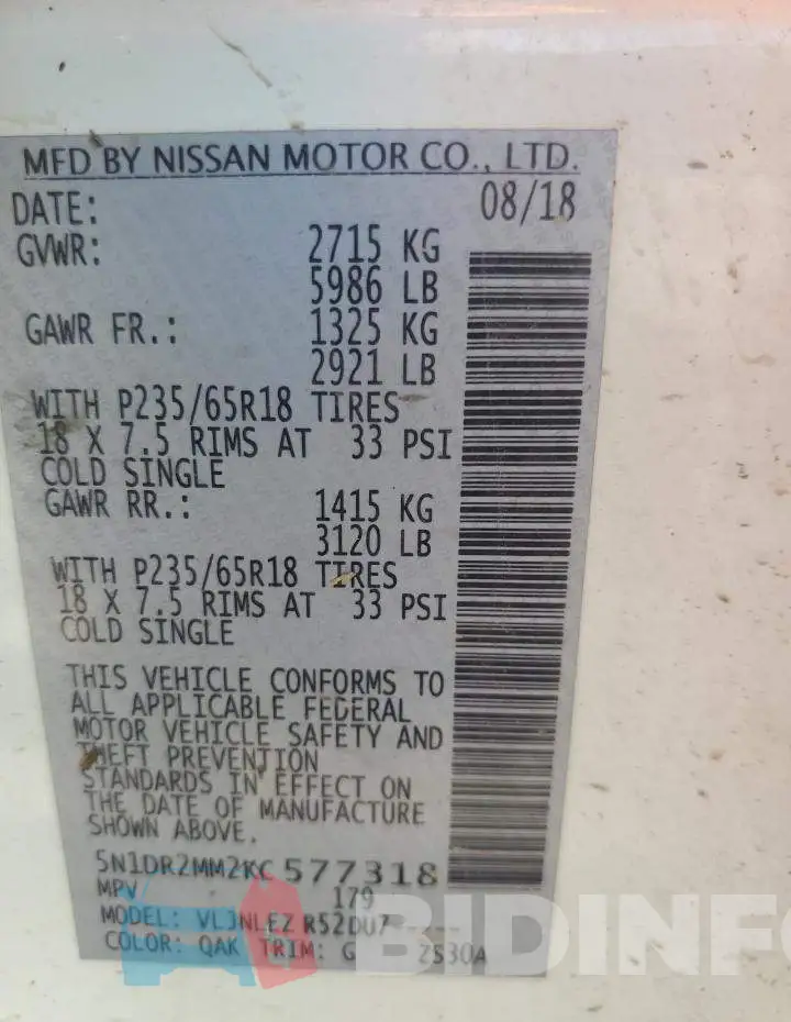 5N1DR2MM2KC577318 Photo# 10