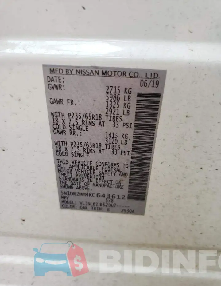 5N1DR2MM4KC643612 Photo# 10