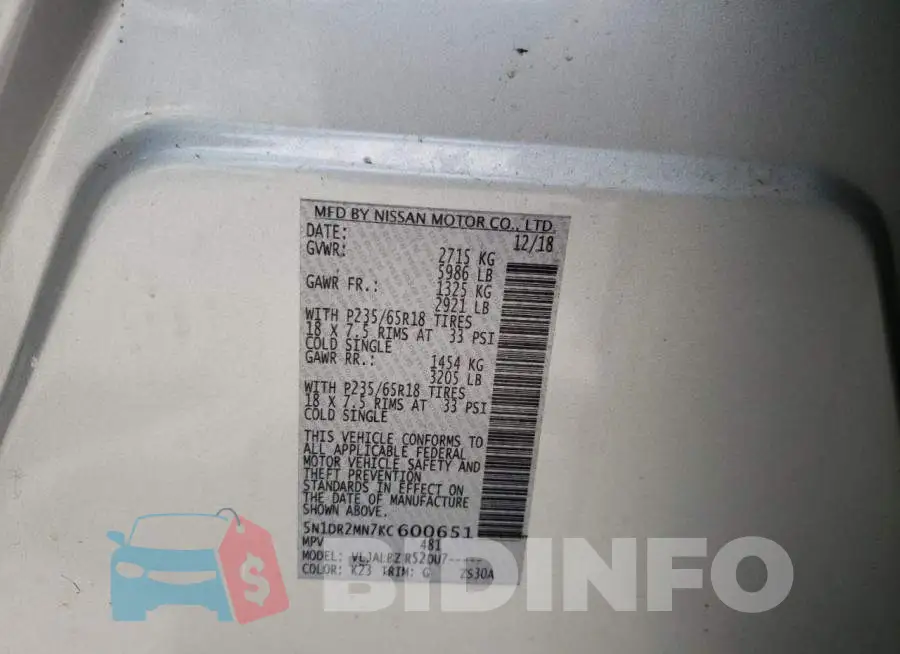 5N1DR2MN7KC600651 Photo# 10