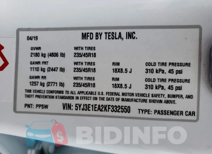 5YJ3E1EA2KF332550 Photo# 10
