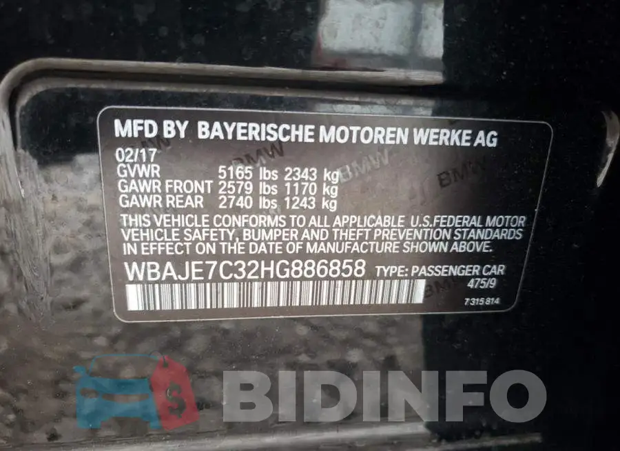 WBAJE7C32HG886858 Photo# 10