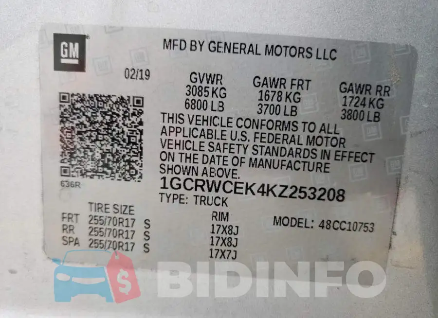 1GCRWCEK4KZ253208 Photo# 10
