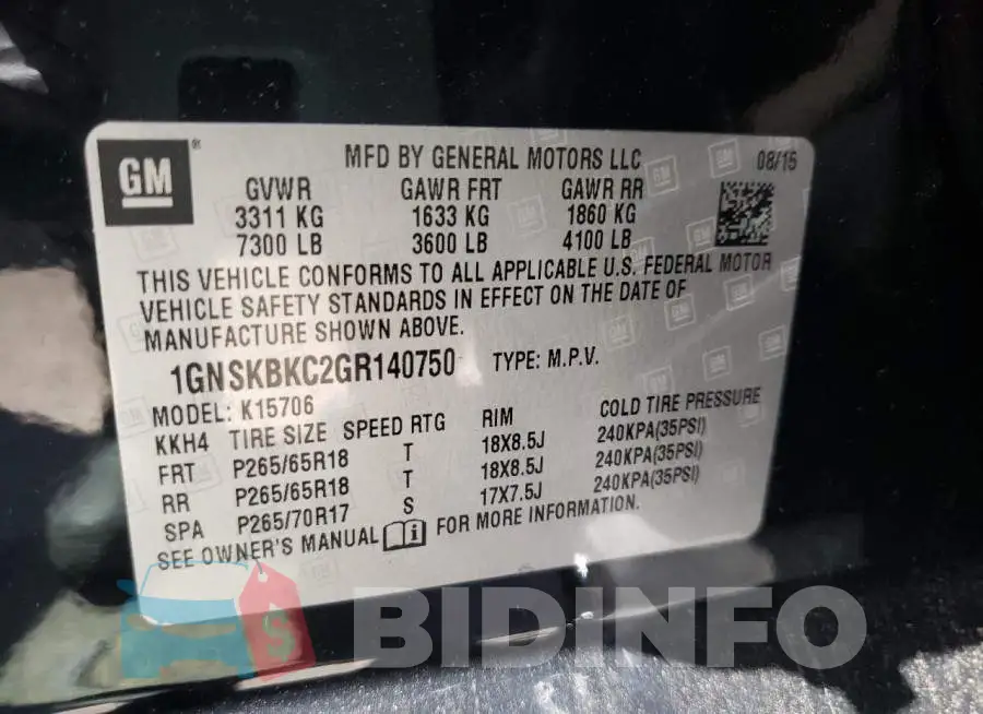 1GNSKBKC2GR140750 Photo# 10