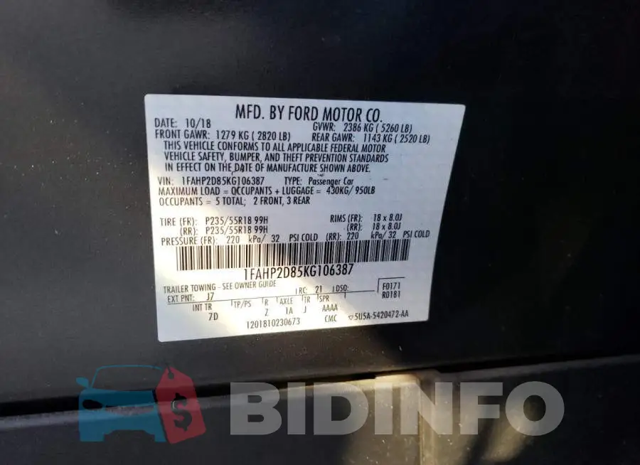 1FAHP2D85KG106387 Photo# 10