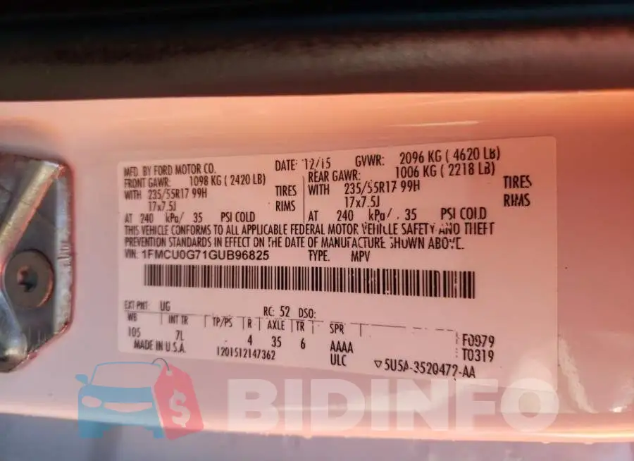 1FMCU0G71GUB96825 Photo# 10