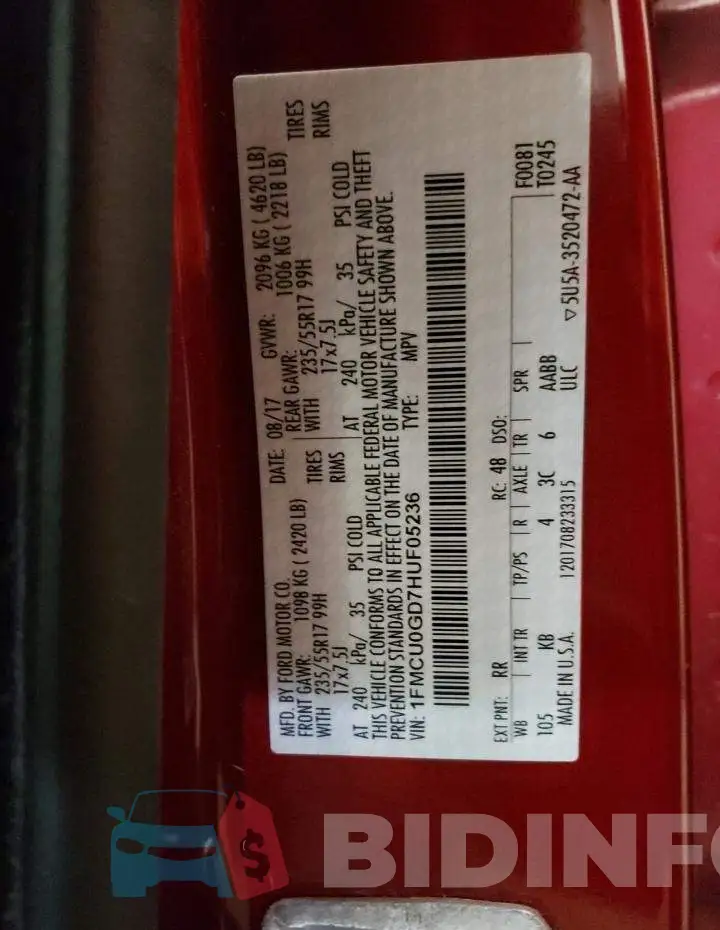 1FMCU0GD7HUF05236 Photo# 10