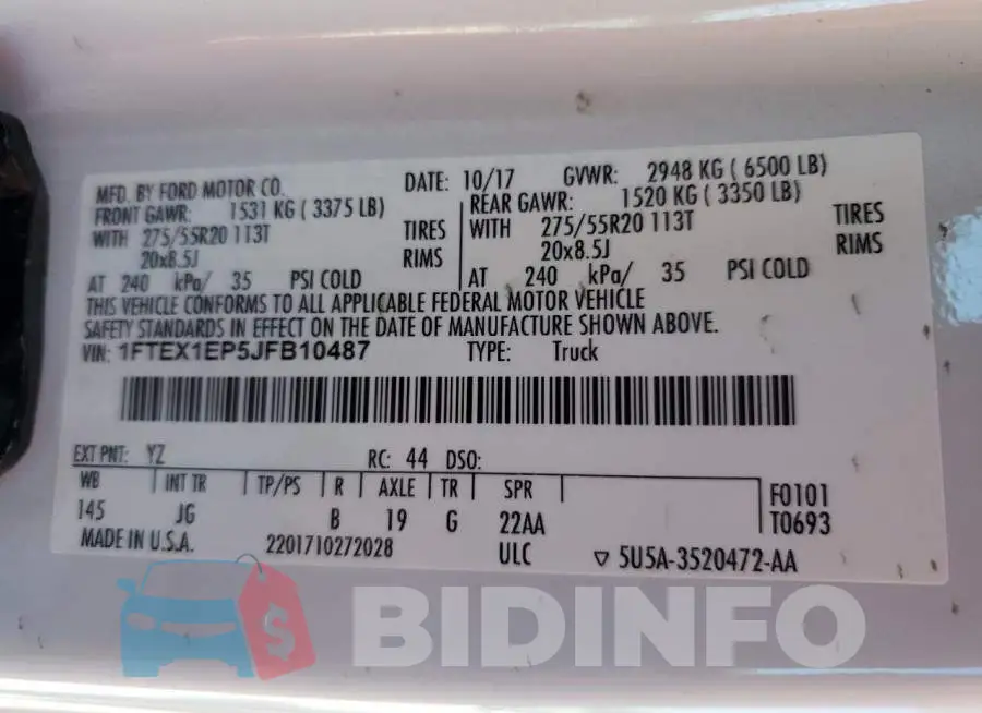 1FTEX1EP5JFB10487 Photo# 10