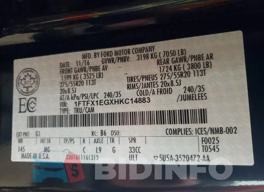 1FTFX1EGXHKC14883 Photo# 10