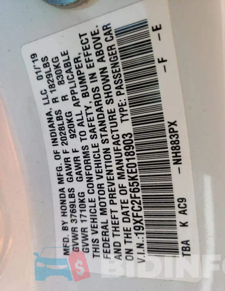 19XFC2F65KE018903 Photo# 10