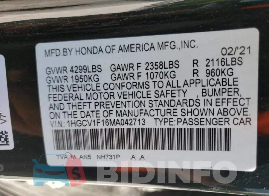 1HGCV1F16MA042713 Photo# 10