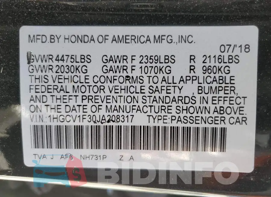 1HGCV1F30JA208317 Photo# 10