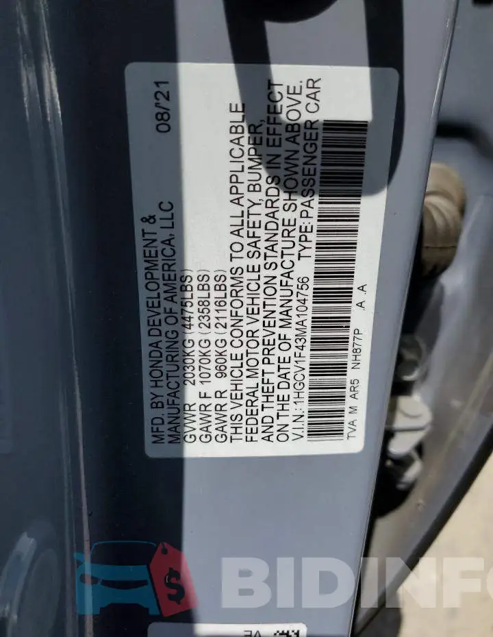 1HGCV1F43MA104756 Photo# 10