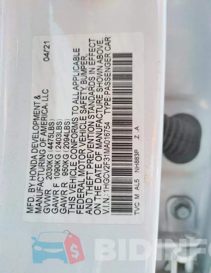 1HGCV2F31MA016754 Photo# 10