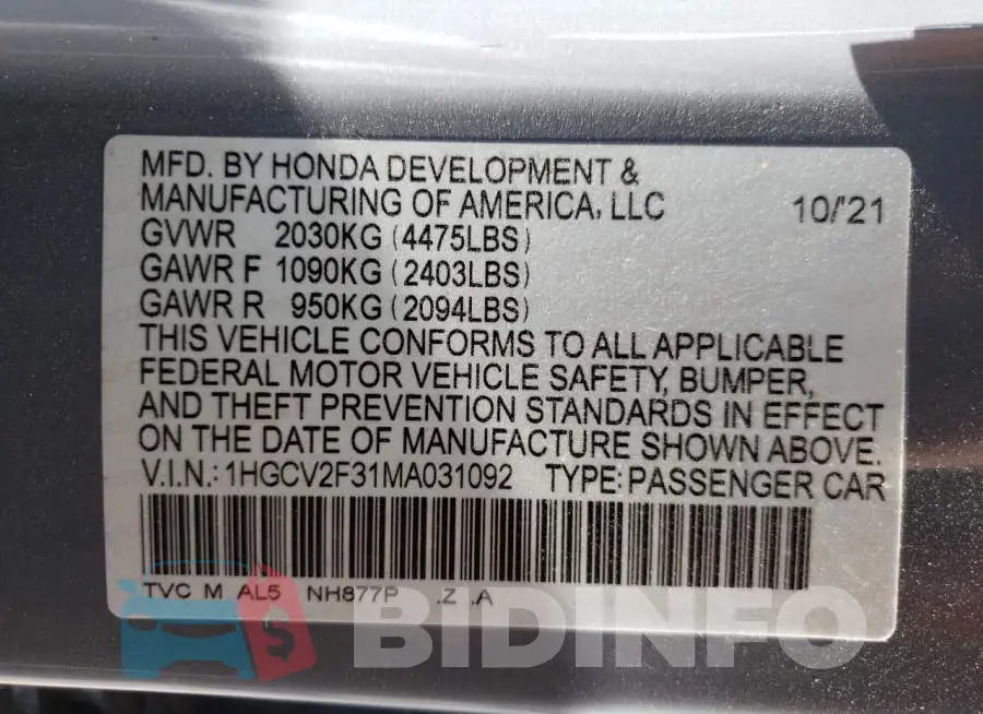 1HGCV2F31MA031092 Photo# 10