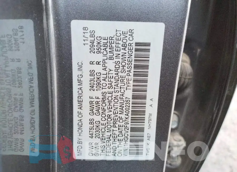 1HGCV2F97KA002357 Photo# 10