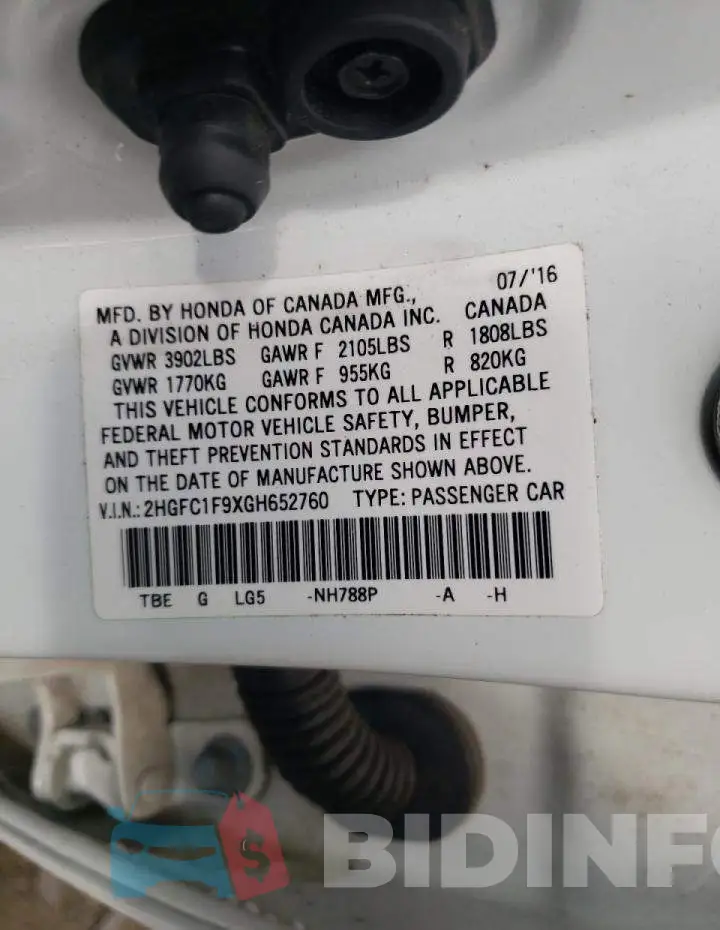 2HGFC1F9XGH652760 Photo# 10