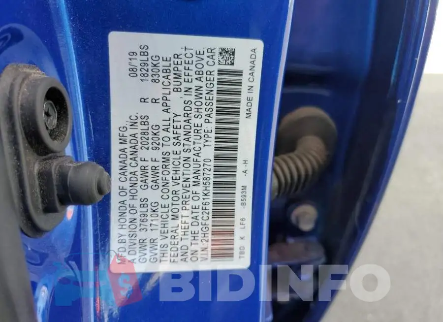 2HGFC2F61KH587270 Photo# 10