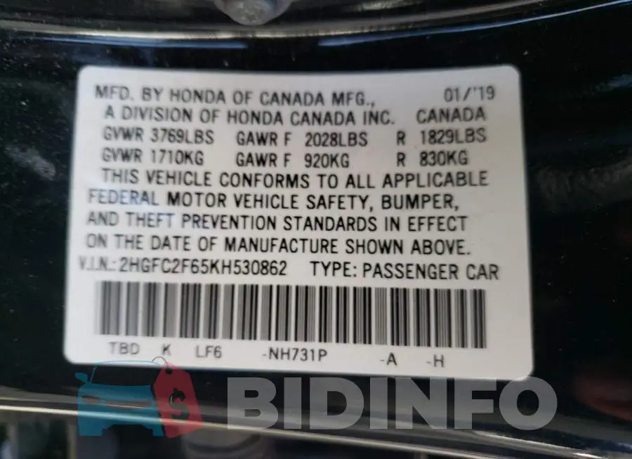 2HGFC2F65KH530862 Photo# 10