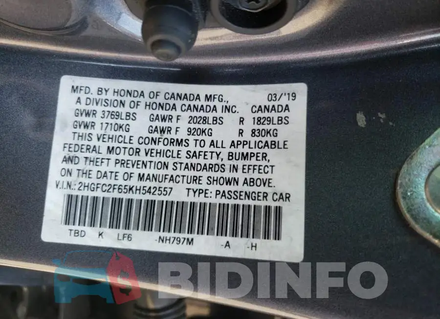 2HGFC2F65KH542557 Photo# 10