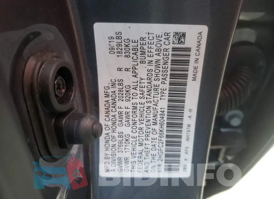 2HGFC2F66KH604841 Photo# 10
