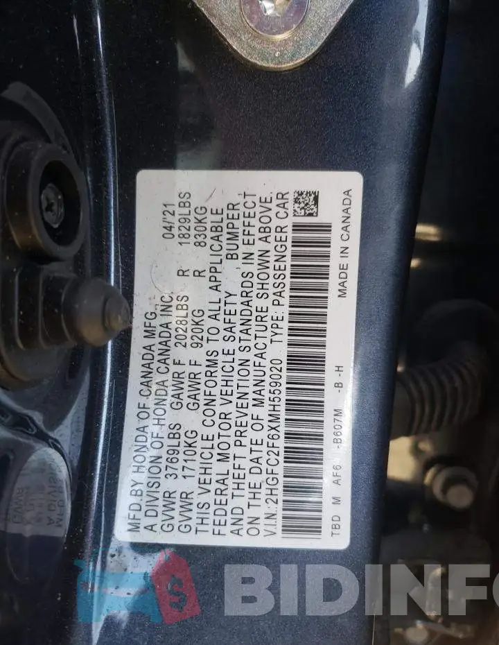 2HGFC2F6XMH559020 Photo# 10