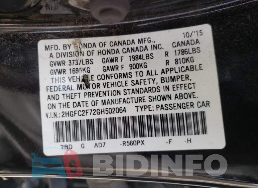 2HGFC2F72GH502064 Photo# 10
