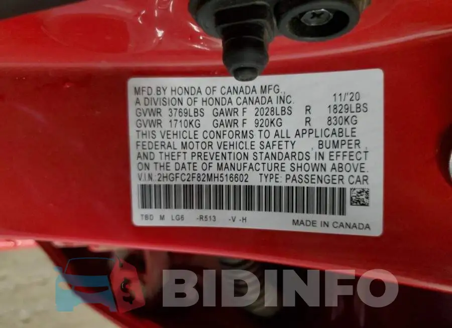 2HGFC2F82MH516602 Photo# 10