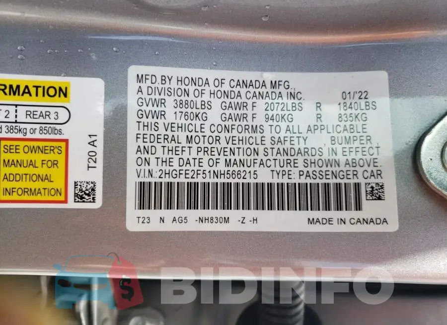 2HGFE2F51NH566215 Photo# 10