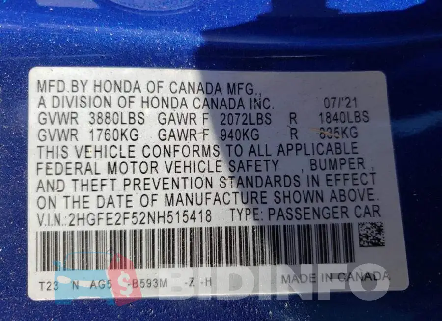 2HGFE2F52NH515418 Photo# 10