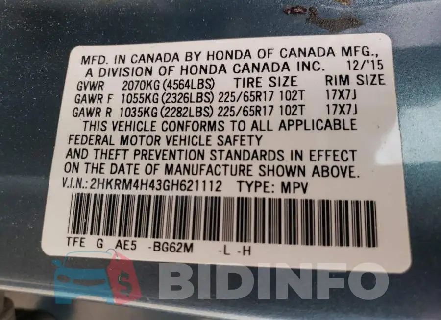 2HKRM4H43GH621112 Photo# 10