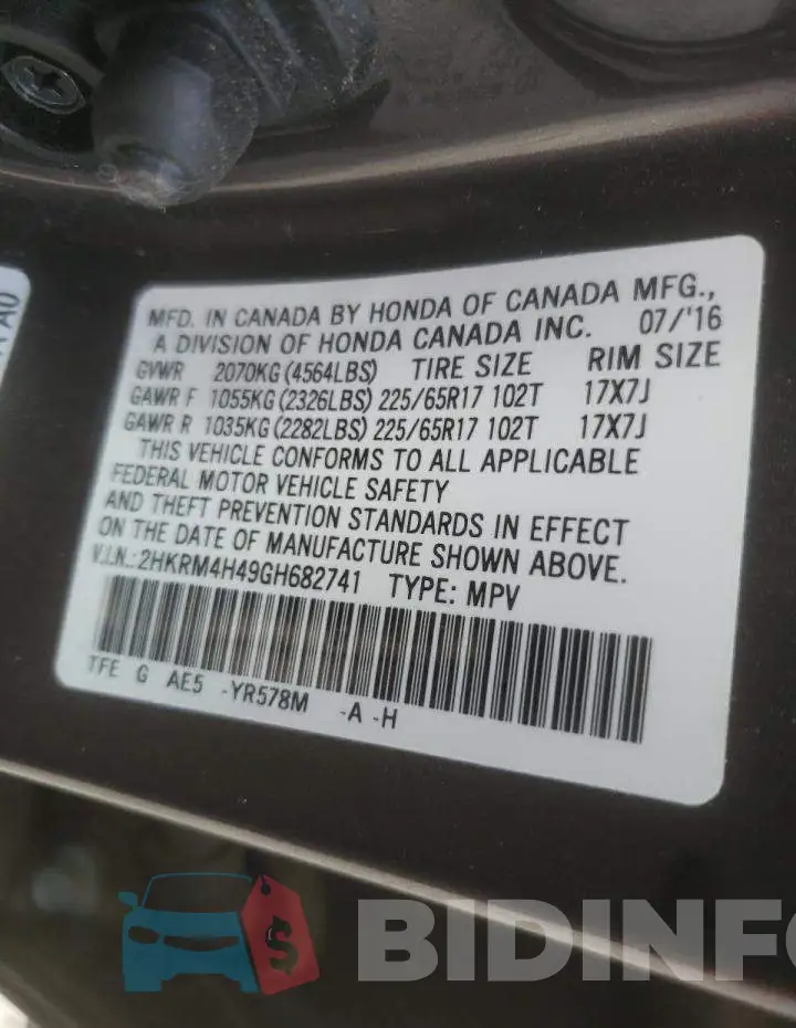 2HKRM4H49GH682741 Photo# 10