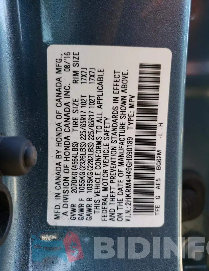 2HKRM4H49GH690189 Photo# 10