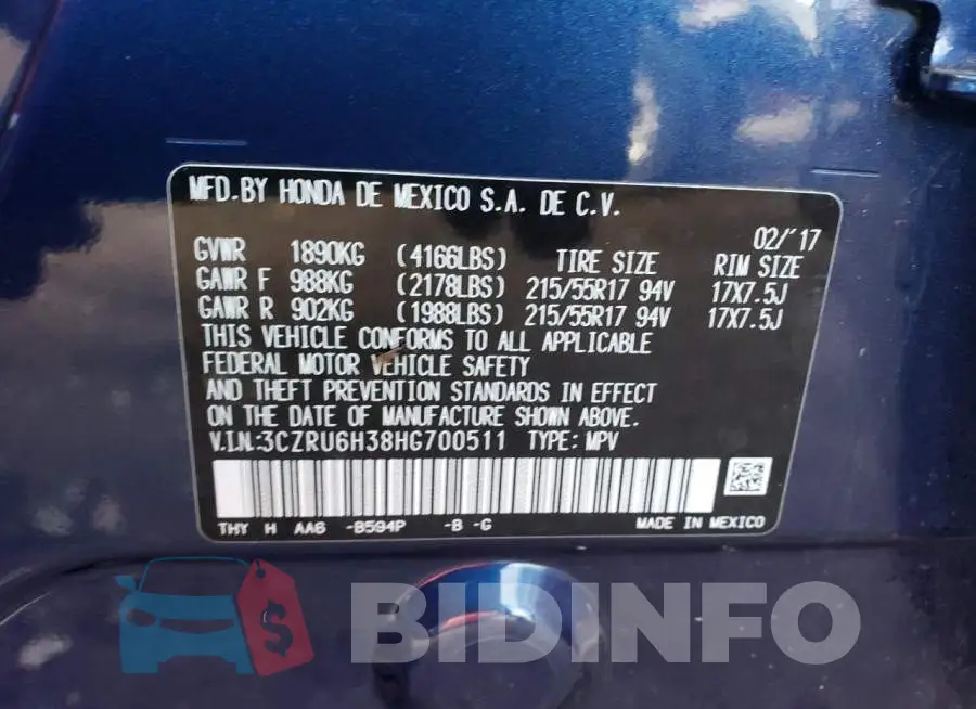 3CZRU6H38HG700511 Photo# 10