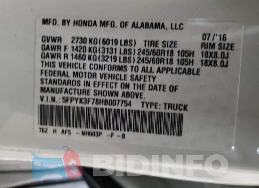 5FPYK3F78HB007754 Photo# 10