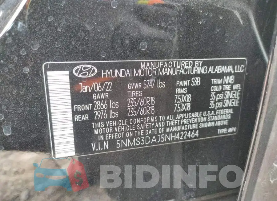5NMS3DAJ5NH422464 Photo# 10