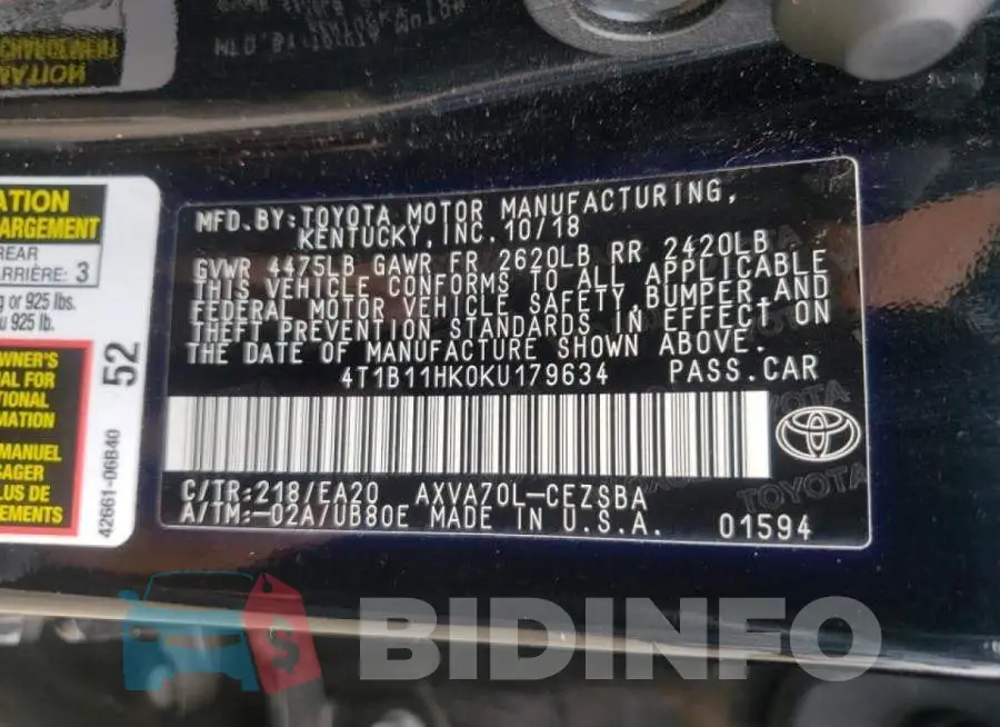 4T1B11HK0KU179634 Photo# 10