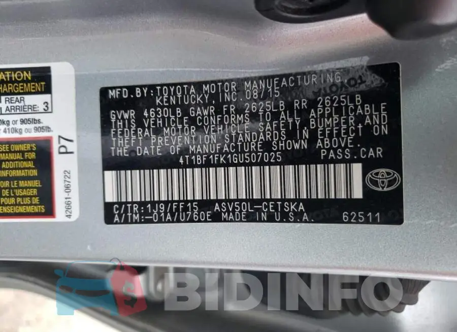 4T1BF1FK1GU507025 Photo# 10
