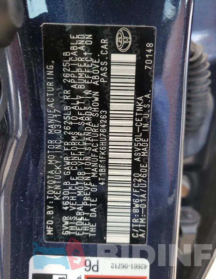 4T1BF1FK6HU764263 Photo# 10