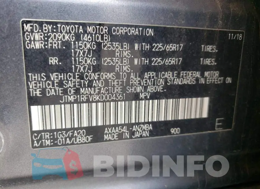 JTMP1RFV8KD004361 Photo# 10