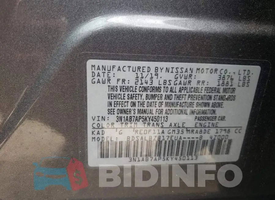 3N1AB7AP5KY450113 Photo# 10