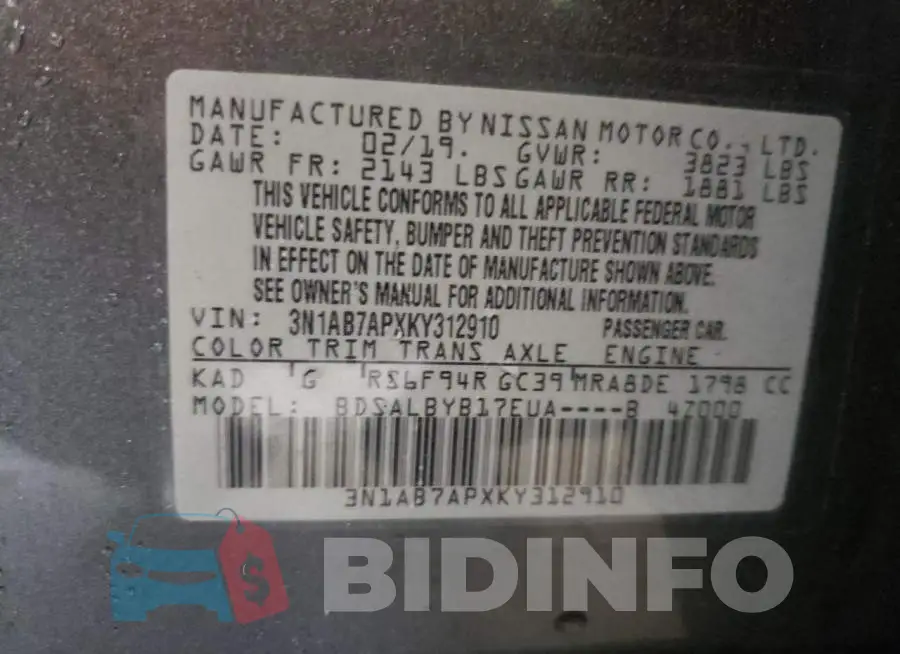3N1AB7APXKY312910 Photo# 10