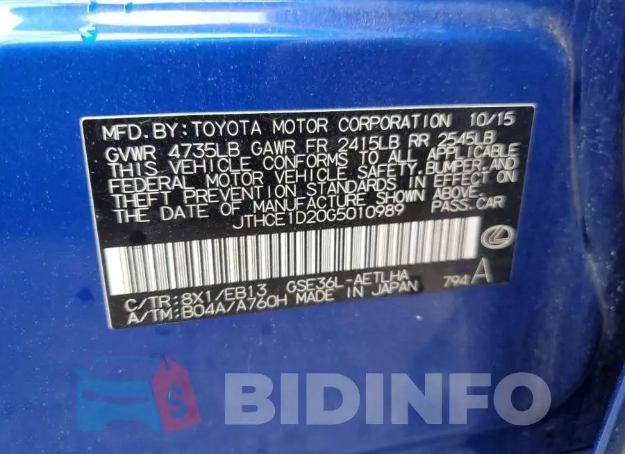 JTHCE1D20G5010989 Photo# 10