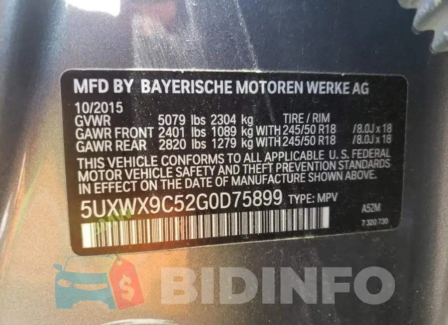 5UXWX9C52G0D75899 Photo# 10