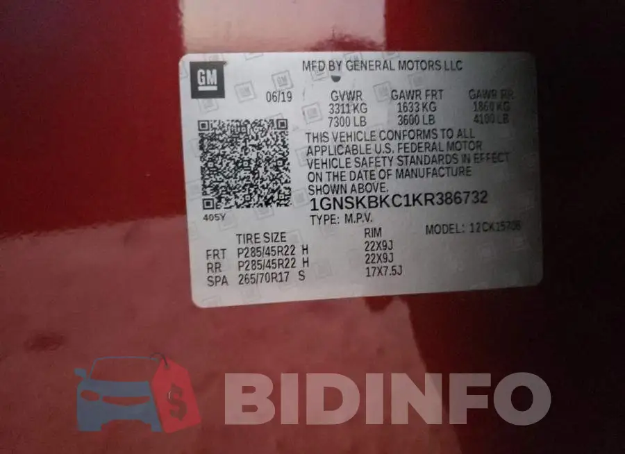 1GNSKBKC1KR386732 Photo# 10