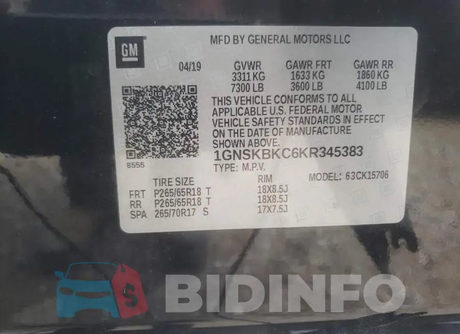 1GNSKBKC6KR345383 Photo# 10