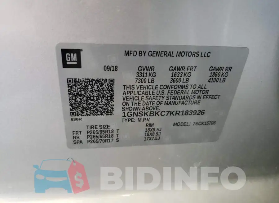 1GNSKBKC7KR183926 Photo# 10