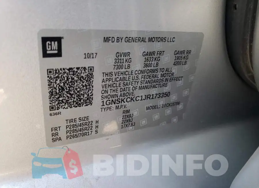 1GNSKCKC1JR173350 Photo# 10