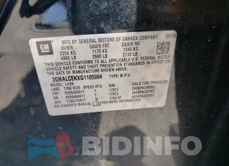 2GNALCEKXG1185994 Photo# 10