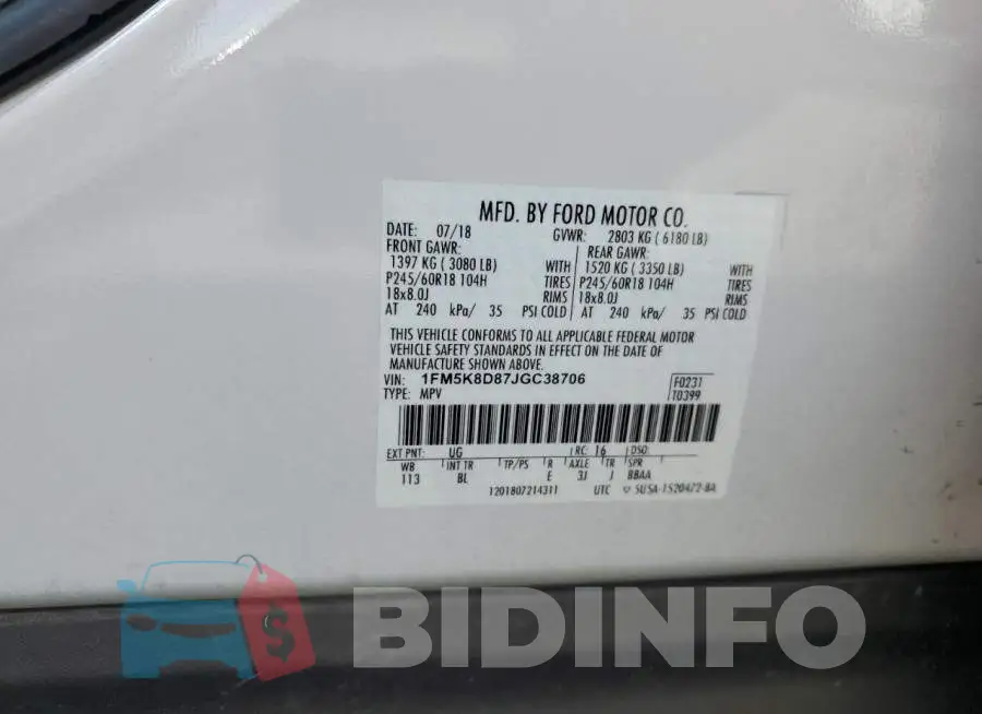 1FM5K8D87JGC38706 Photo# 10
